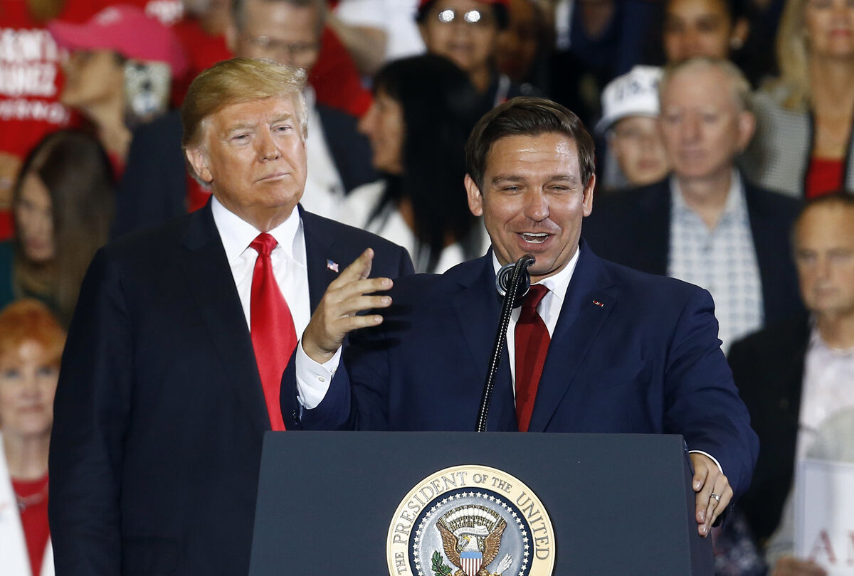Then US president Donald Trump at a 2018 rally for gubernatorial candidate Ron DeSantis rally in Florida. Having cosied up to DeSantis as its new 'bully' and 'son of a bitch' of choice, Fox News now appears to be embracing Trump once again. Picture: Butch Dill/AP