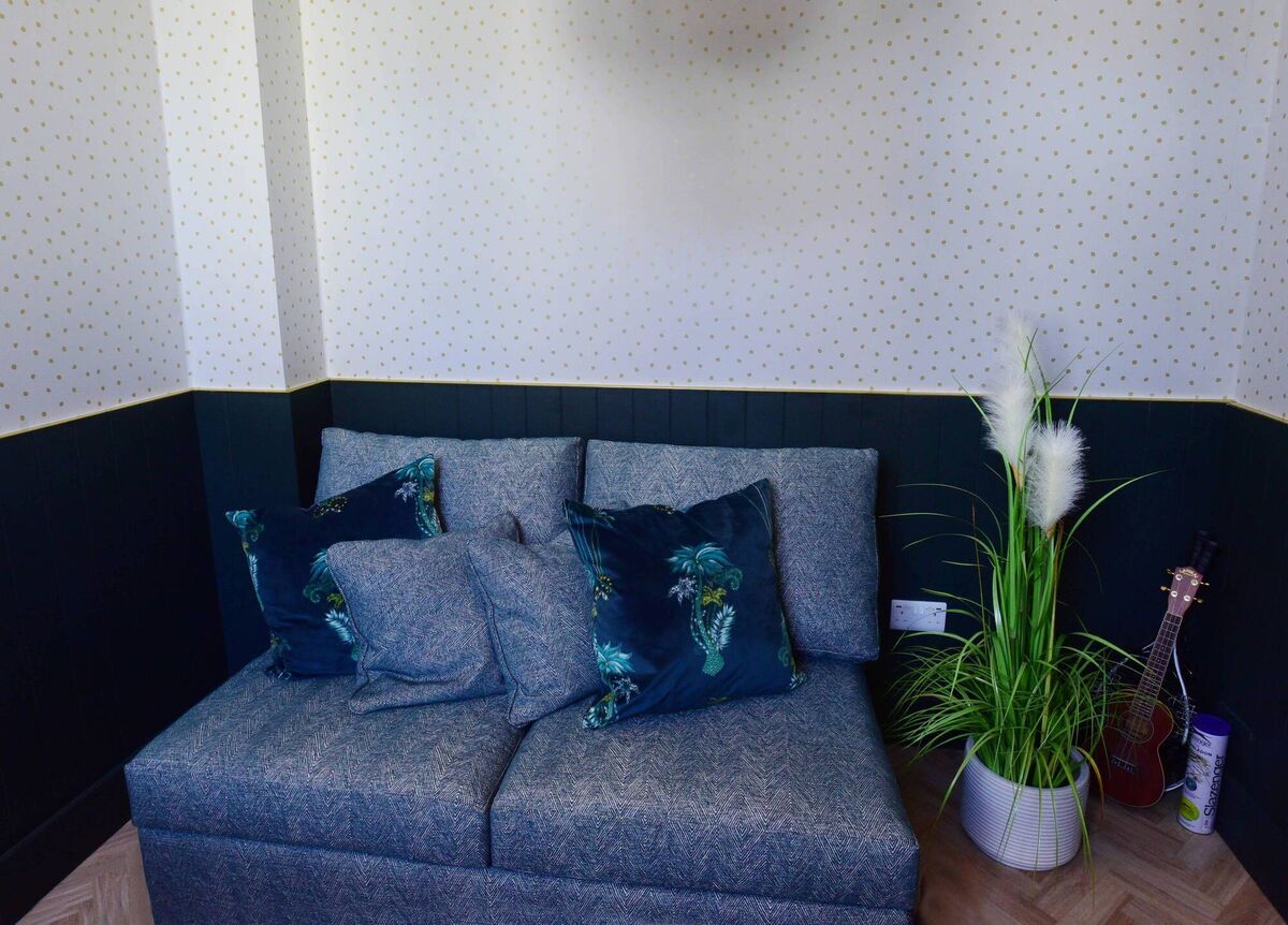 Green sofabed in Ocean Herringbone by Finline Furniture. Picture: Moya Nolan