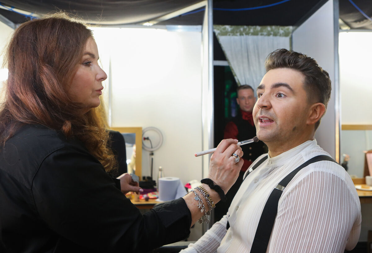 Celebrity dancer Carl Mullan in makeup with Mary Drummond. Carl and his partner, Emily Barker, danced the quick step last Sunday.