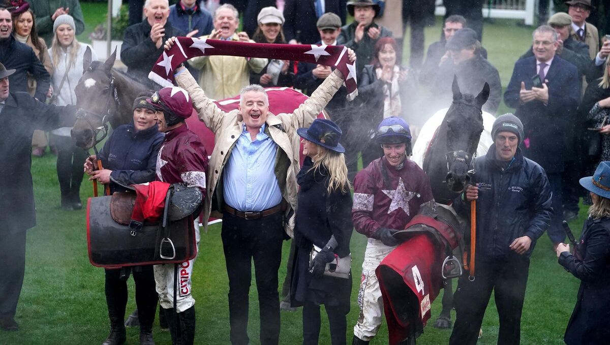 OLD PALS: Delta Work (left) with jockey Jack Kennedy and Tiger Roll with jockey Davy Russell with owner Michael O'Leary (centre) after The Glenfarclas Chase during day two of the Cheltenham Festival last year. Pic: Mike Egerton/PA Wire.