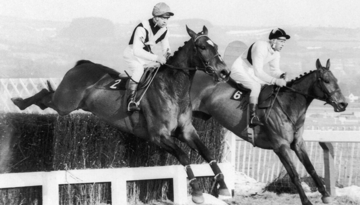 Irish jockey Pat Taaffe on Arkle (right) on his way to winning the Cheltenham Gold Cup, 11th March 1965. (Photo by Dennis Oulds/Central Press/Hulton Archive/Getty Images)