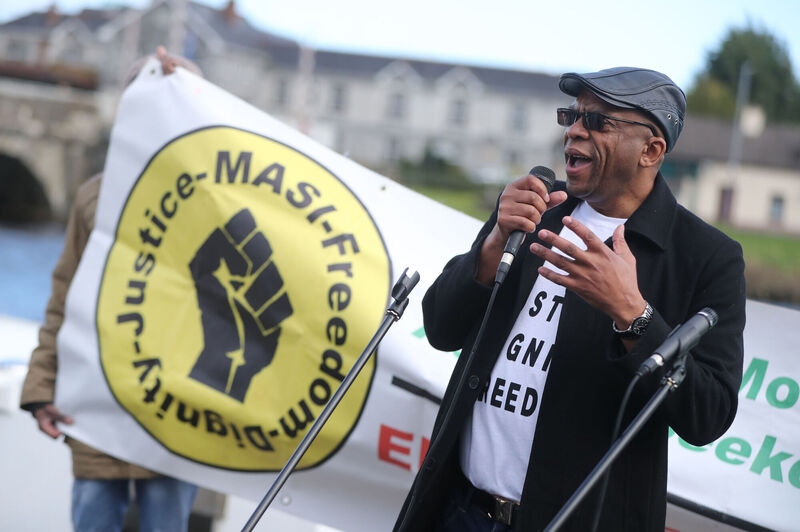 Lucky Khambule, of the Movement of Asylum Seekers in Irelands, speaks at an an anti-racism rally. Picture: Niall Carson /PA Wire