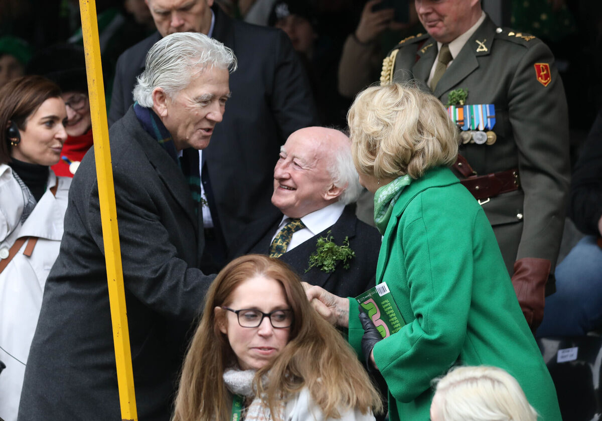 President Michael D Higgins and Sabina Higgins greeting International Guest of Honour Patrick Duffy on O'Connell Street during the Saint Patrick's Day parade. Picture: Sasko Lazarov / RollingNews.ie