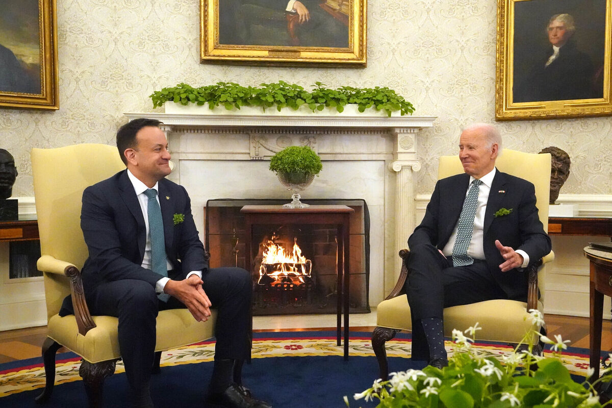Taoiseach Leo Varadkar presented the traditional bowl of shamrock to US president Joe Biden. 
                        Picture: Niall Carson/PA
                    