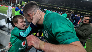 <p>STILL ON THE UP: Ireland’s Johnny Sexton celebrates winning with his son Luca. Pic: ©INPHO/Dan Sheridan</p>