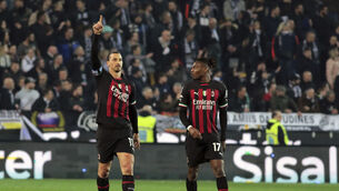 <p>GOLDEN OLDIE: Milan's Zlatan Ibrahimovic, left, celebrates after scoring against Udinese. Pic: Andrea Bressanutti/LaPresse via AP</p>