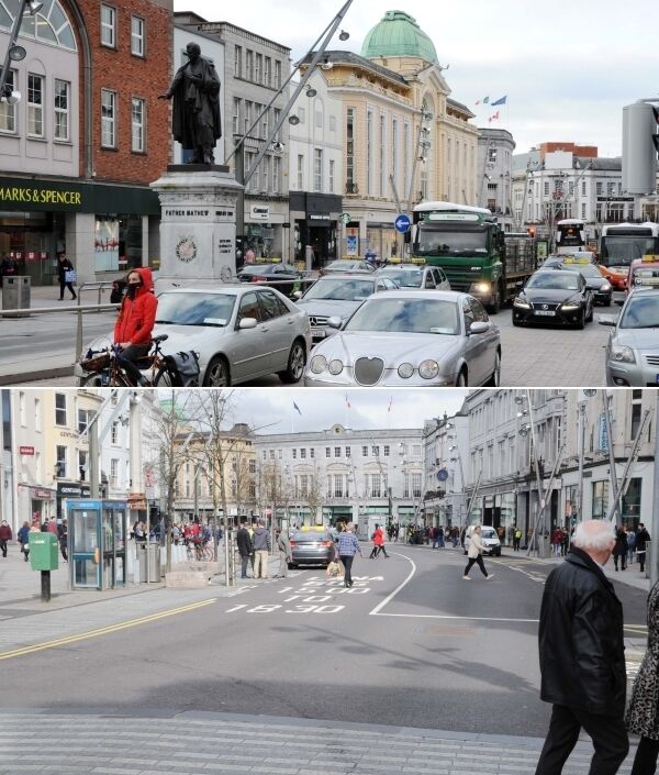 Traffic on St Patrick St, Cork City, yesterday morning, before the car ban and during the 3pm-6.30pm ban. Pictures: Denis Minihane Traffic on St Patrick St, Cork City, yesterday morning, before the car ban and during the 3pm-6.30pm ban. Pictures: Denis Minihane