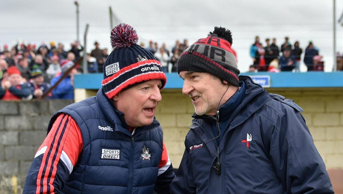 ONTO THE NEXT: Cork manager John Cleary shakes hands with Louth manager Mickey Harte after the Allianz Football League Division 2 match between Louth and Cork at Páirc Mhuire in Ardee. Pic: Stephen Marken/Sportsfile ONTO THE NEXT: Cork manager John Cleary shakes hands with Louth manager Mickey Harte after the Allianz Football League Division 2 match between Louth and Cork at Páirc Mhuire in Ardee. Pic: Stephen Marken/Sportsfile