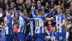 <p>Brighton and Hove Albion's Evan Ferguson (right) celebrates scoring their side's third goal.</p>