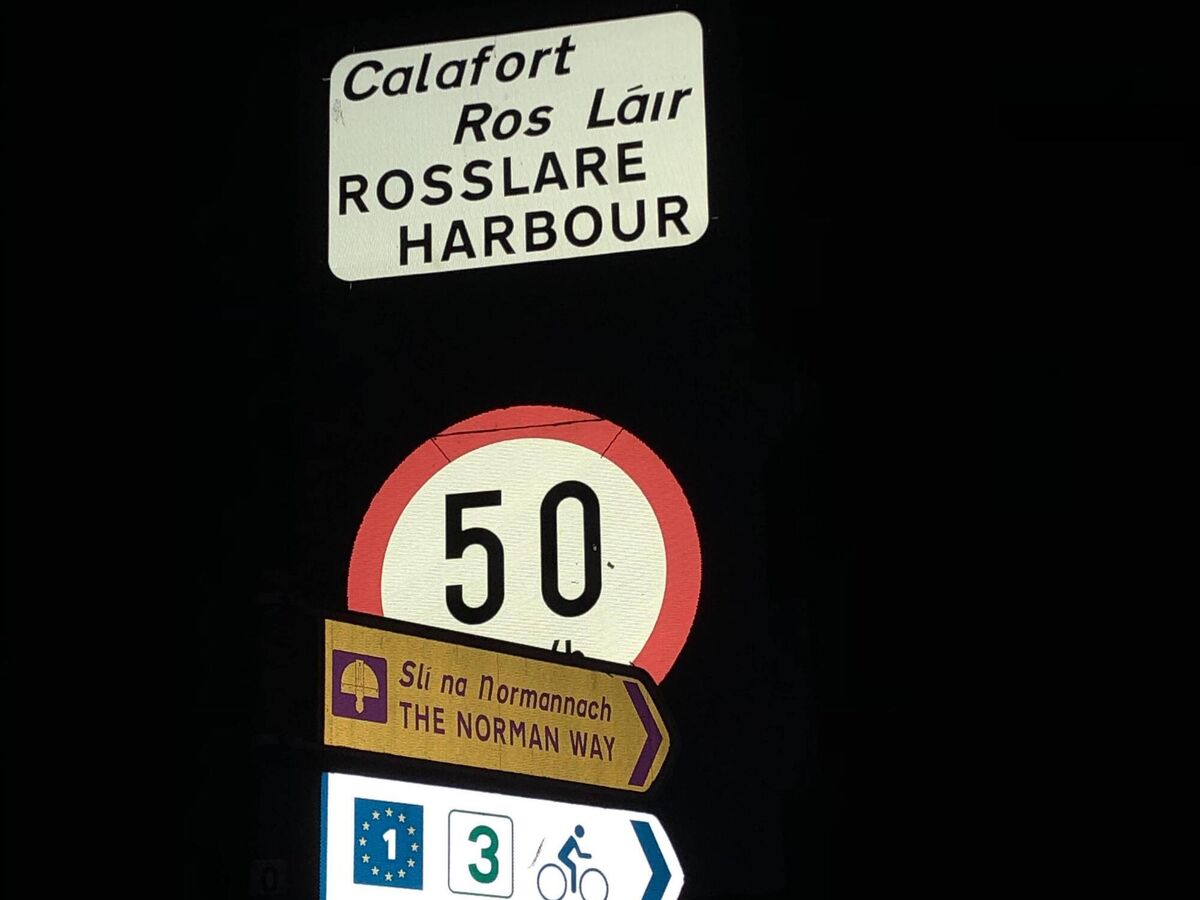 The road sign at Rosslare, Co Wexford, directing Joey onward on his cycling tour. 