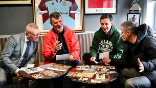 <p>HOME COMFORT: On location for the filming of 'Gary Neville's The Overlap on Tour' at St Colman's Park, home of Cobh Ramblers FC, was former Cobh Ramblers player Bob O'Donovan, left, with footballing legends Roy Keane, Gary Neville and Jamie Carragher. Picture: David Fitzgerald/Sportsfile</p>