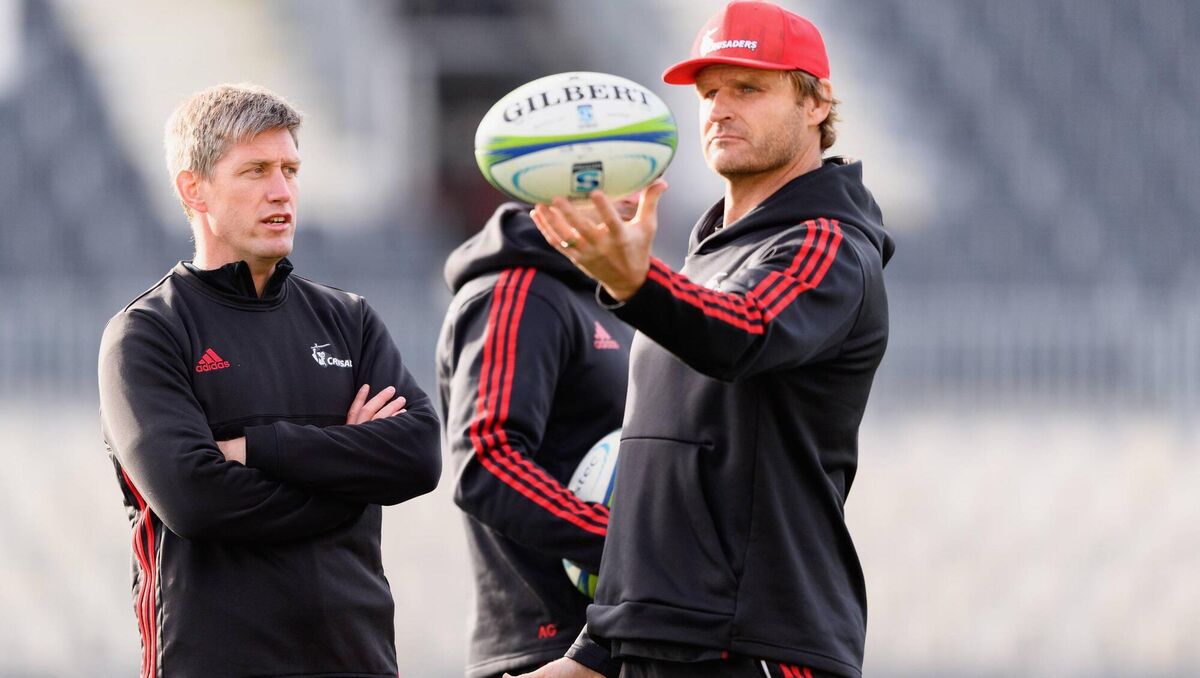 RAZOR'S EDGE: Assistant coach Ronan O'Gara and head coach Scott Robertson during a Crusaders Super Rugby Captain's Run in 2019. Picture: Kai Schwoerer/Getty Images