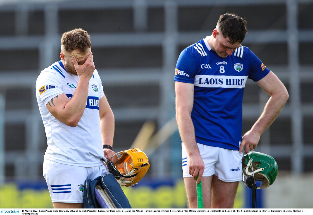 DEJECTED: Enda Rowland, left, and Patrick Purcell of Laois after their side's defeat. Picture: Michael P Ryan/Sportsfile