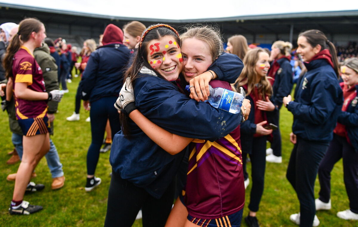 ALL SMILES: Ciara Smyth of Loreto St Michael's celebrates with a supporter after the Lidl All Ireland Post Primary School Senior ‘A’ Championship Final. Pic: Ben McShane/Sportsfile