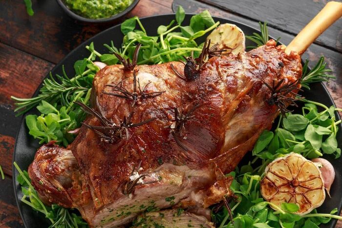 Roast leg of spring lamb with sea salt and mint sauce