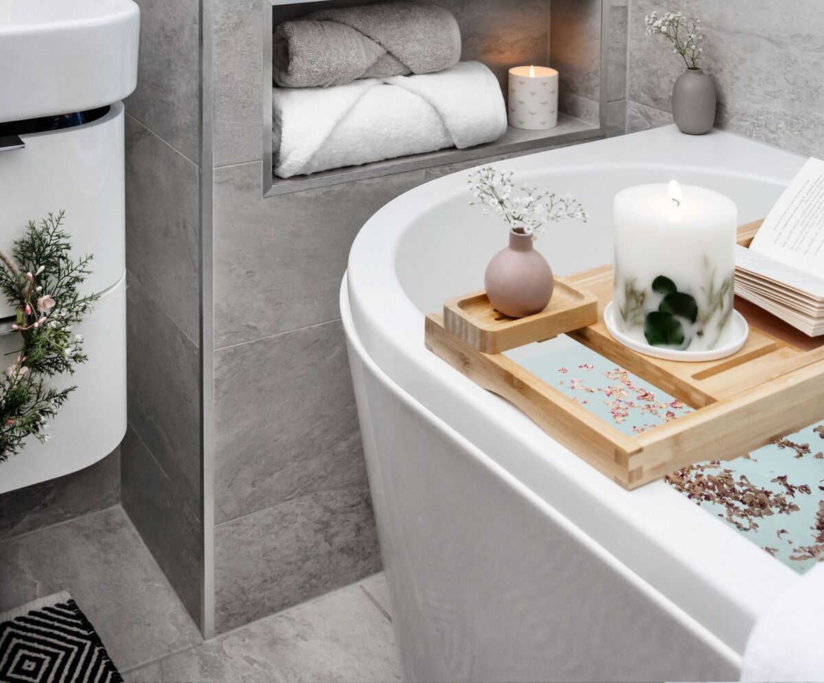 Treated as a free-standing bath with a fluted form, this tub is set back to the wall on a generous 2000mm wall with room or a stud-built store, and still whispers of sheer luxury. Similar: Essence 1700mm Back to Wall Bath with Whirlpool System, €898, bathshack.com; accessorising by Sophie Allport, sophieallport.com.