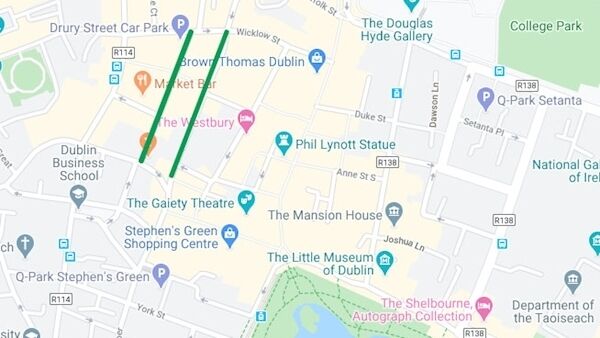 Map of Dublin city centre, green markings show proposed streets.