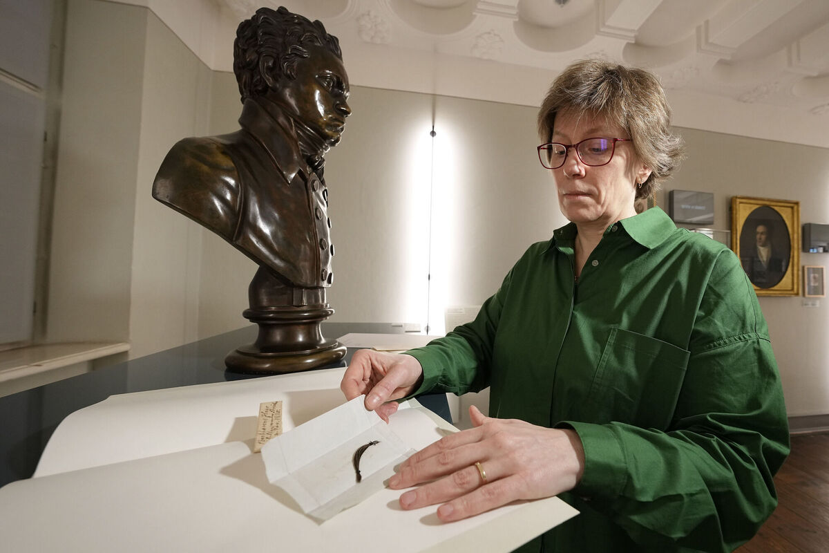 Julia Ronge, Head of Collection at Beethoven Haus in Bonn, Germany, shows the original locks of Ludwig van Beethoven. Picture: AP Photo/Martin Meissner