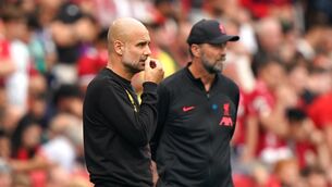 <p>BIG SUMMER AHEAD: Manchester City manager Pep Guardiola (left) and Liverpool manager Jurgen Klopp on the touchline during the FA Community Shield match at the King Power Stadium, Leicester. Picture date: Saturday July 30, 2022.</p>