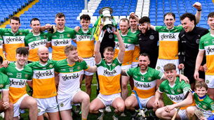 <p>CHAMPIONS: Joey Keenaghan of Offaly celebrates with the cup after his side's victory in the Allianz Hurling League Division 2A Final match between Kildare and Offaly at Laois Hire O'Moore Park in Portlaoise, Laois. Pic: Piaras Ó Mídheach/Sportsfile</p>