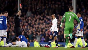 <p>RED MIST: Tottenham Hotspur's Lucas Moura is shown a red card by referee David Coote after a foul on Everton's Michael Keane during the Premier League match at Goodison Park, Liverpool. Pic: Nigel French/PA Wire</p>