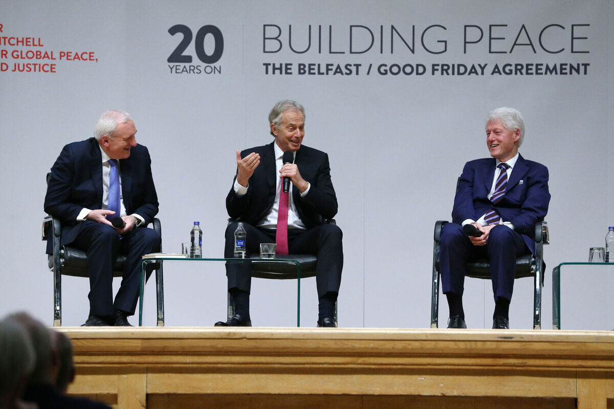Former taoiseach Bertie Ahern, former British prime minister Tony Blair and former US president Bill Clinton at an event to mark the 20th anniversary of the Good Friday Agreement. Picture: Brian Lawless/PA Wire