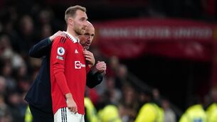 <p>EARLY RETURN: Christian Eriksen, left, looks set to make an early comeback from an ankle injury, according to Erik ten Hag. Pic: David Davies/PA</p>