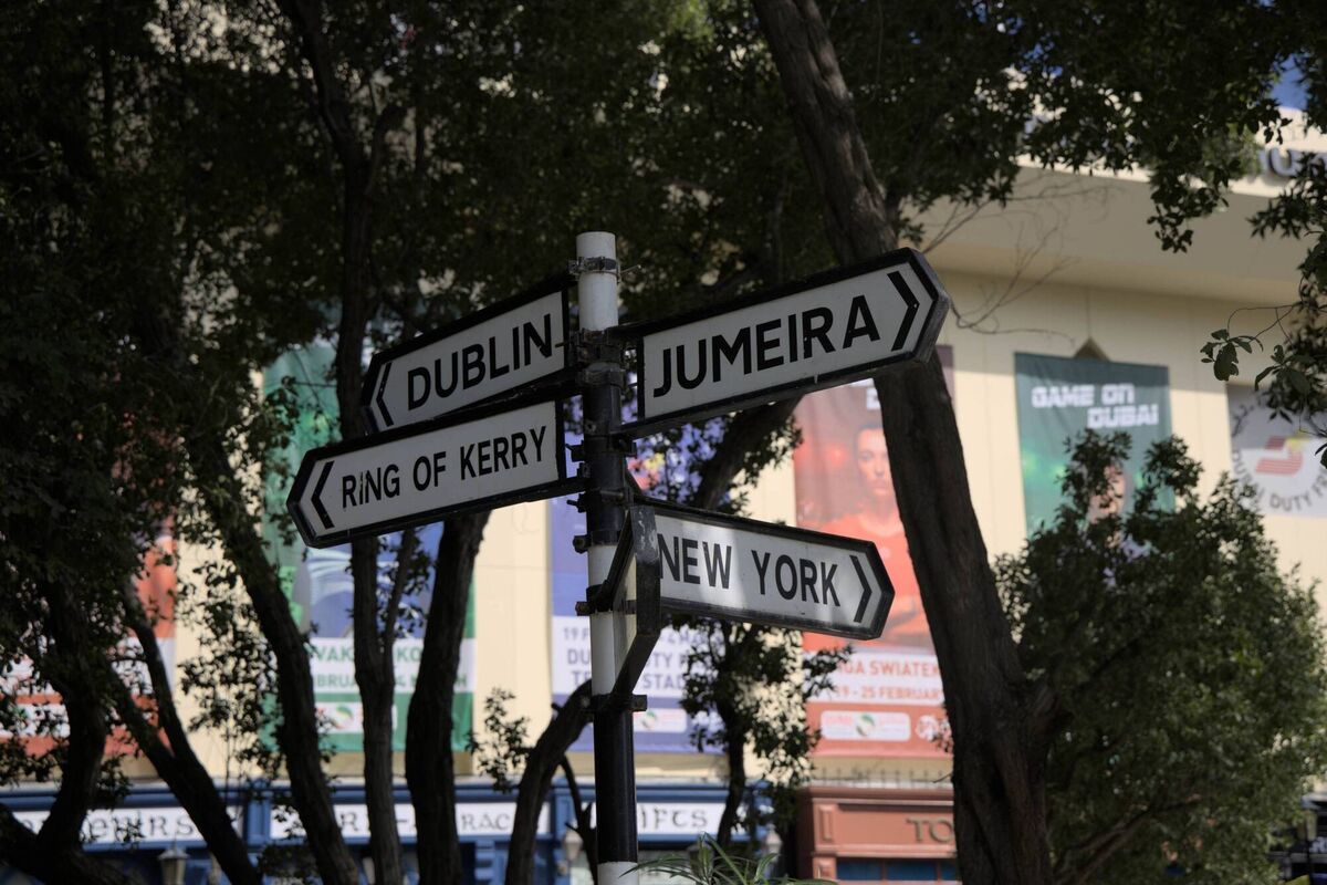 A signpost at the entrance to The Irish Village in Dubai.