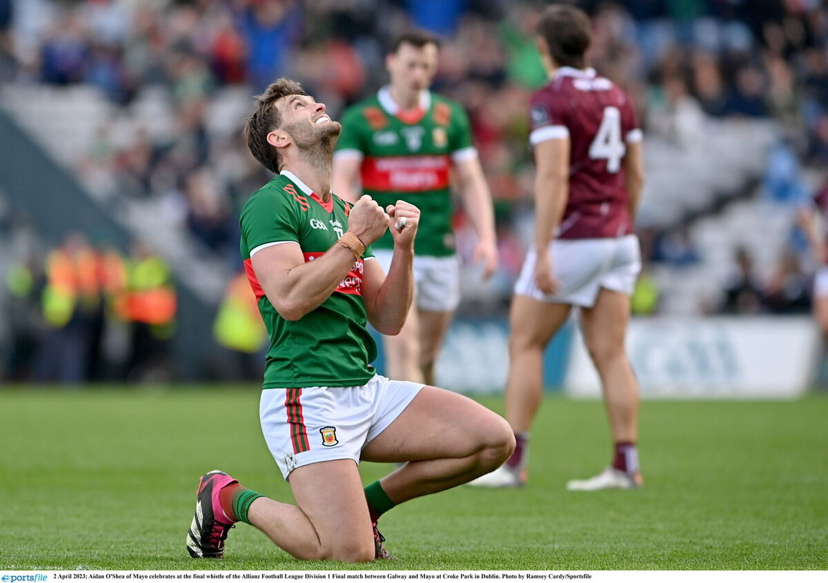 LOOKING UP: Aidan O'Shea of Mayo celebrates after the Division 1 final. Pic: Ramsey Cardy/Sportsfile