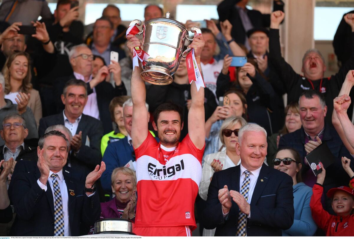 REIGNING CHAMPS: Derry captain Christopher McKaigue lifts the Anglo Celt Cup after the 2022 Ulster football final. Pic: Stephen McCarthy/Sportsfile