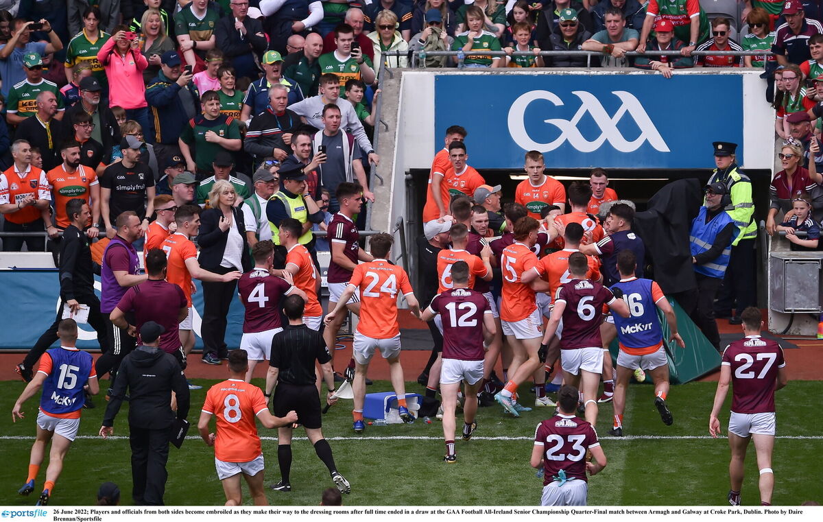UNSAVOURY SCENES: Players and officials from Armagh and Galway become embroiled as they make their way to the dressing rooms. Pic: Daire Brennan/Sportsfile