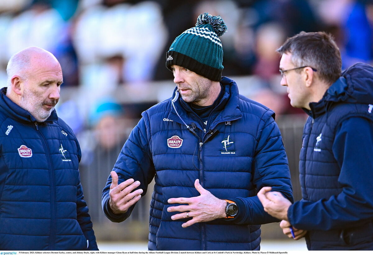BIG NAMES: Kildare selectors Dermot Earley, centre, and Johnny Doyle, right, with Kildare manager Glenn Ryan. Pic: Piaras Ó Mídheach/Sportsfile