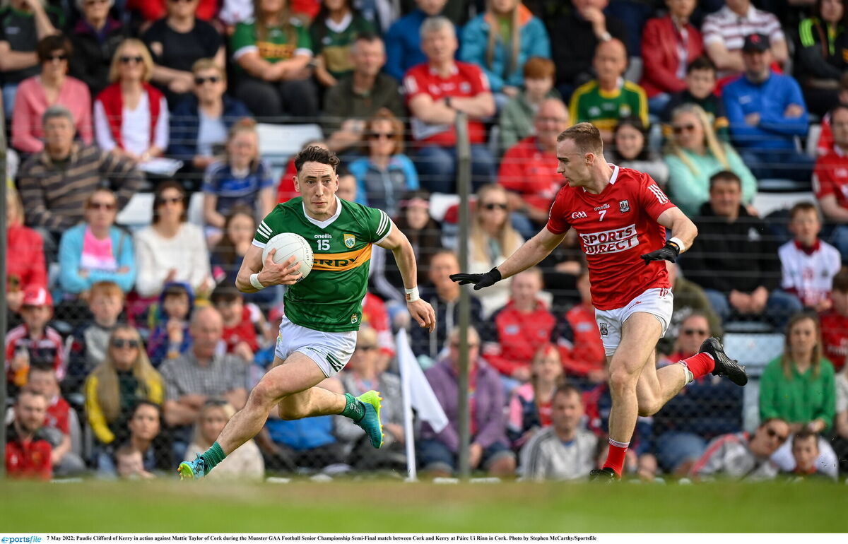 FAMILIAR FOES: Paudie Clifford of Kerry in action against Mattie Taylor of Cork. Pic: Stephen McCarthy/Sportsfile