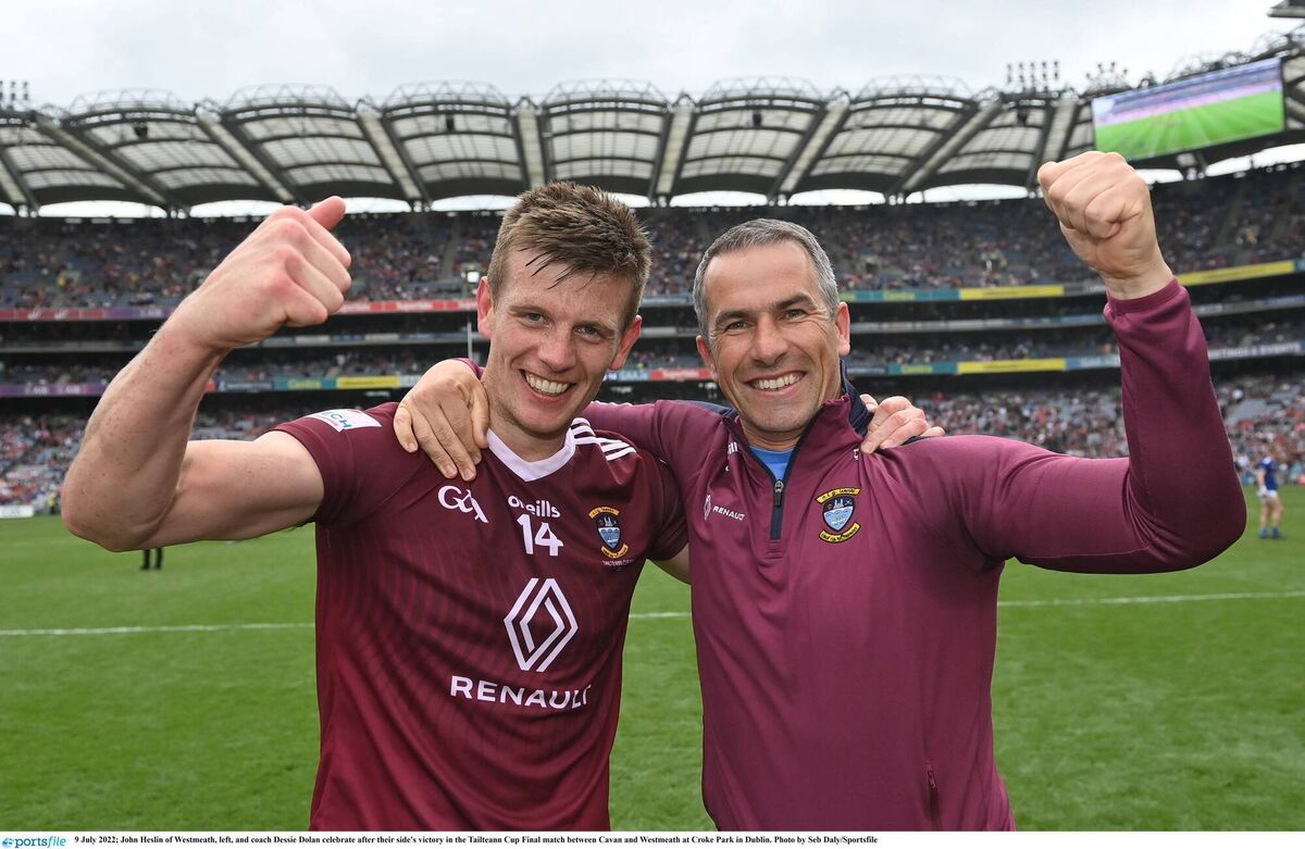 REIGNING CHAMPS: John Heslin and Dessie Dolan celebrate after Westmeath's victory in the 2022 Tailteann Cup final. Pic: Seb Daly/Sportsfile