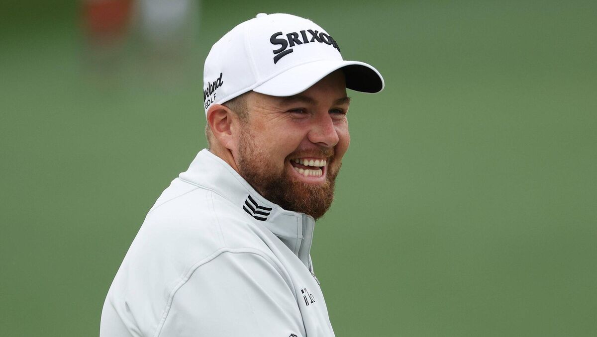 OFFALY HAPPY: Shane Lowry of Ireland laughs on the second green during a practice round prior to the 2023 Masters Tournament at Augusta National Golf Club on April 03, 2023 in Augusta, Georgia. (Photo by Patrick Smith/Getty Images)