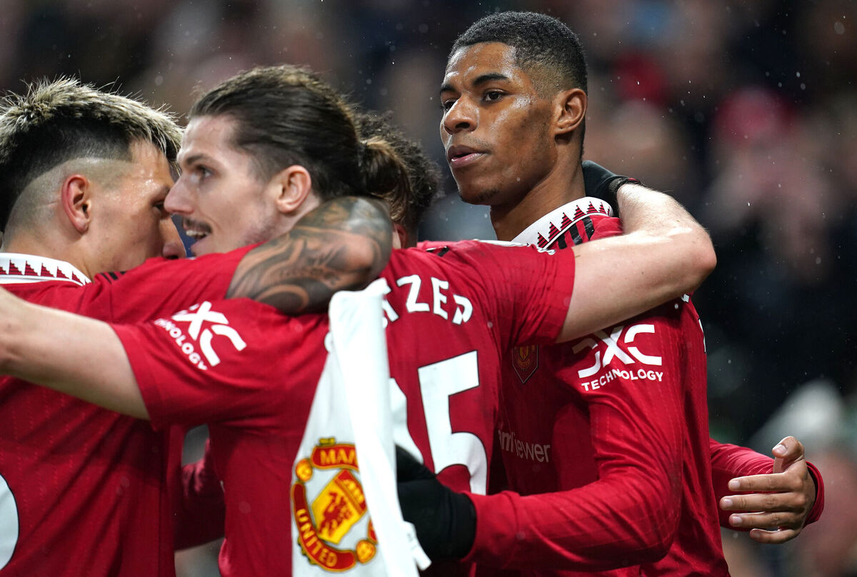 Manchester United's Marcus Rashford (right) celebrates scoring their side's first goal of the game with team-mates during the Premier League match at Old Trafford, Manchester. Picture date: Wednesday April 5, 2023. PA Photo. See PA story SOCCER Man Utd. Photo credit should read: Nick Potts/PA Wire.