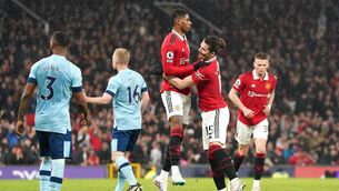 <p>MATCH WINNER: Manchester United's Marcus Rashford (centre) celebrates scoring their side's first goal of the game with team-mate Marcel Sabitzer during the Premier League match at Old Trafford, Manchester. Picture date: Wednesday April 5, 2023. PA Photo. See PA story SOCCER Man Utd. Photo credit: Nick Potts/PA Wire.</p>