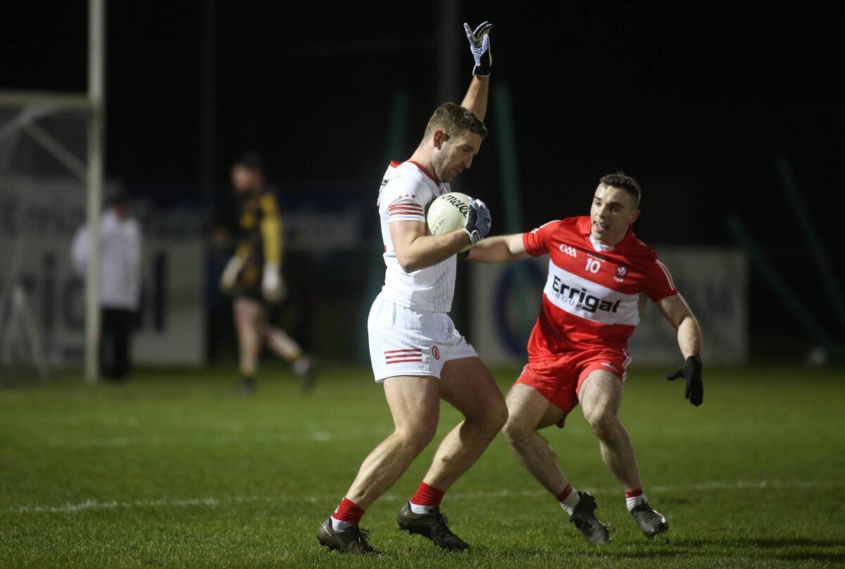 MARK CALLED: Tyrone’s Niall Sludden takes a mark. Pic: INPHO/Lorcan Doherty