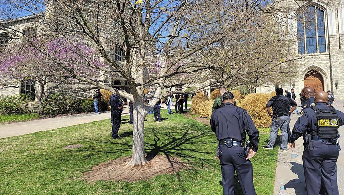 Photo provided by the Metro Nashville Police Department shows officers at an active shooter event that took place at Covenant School, Covenant Presbyterian Church, in Nashville, Picture: Metro Nashville Police Department via AP
