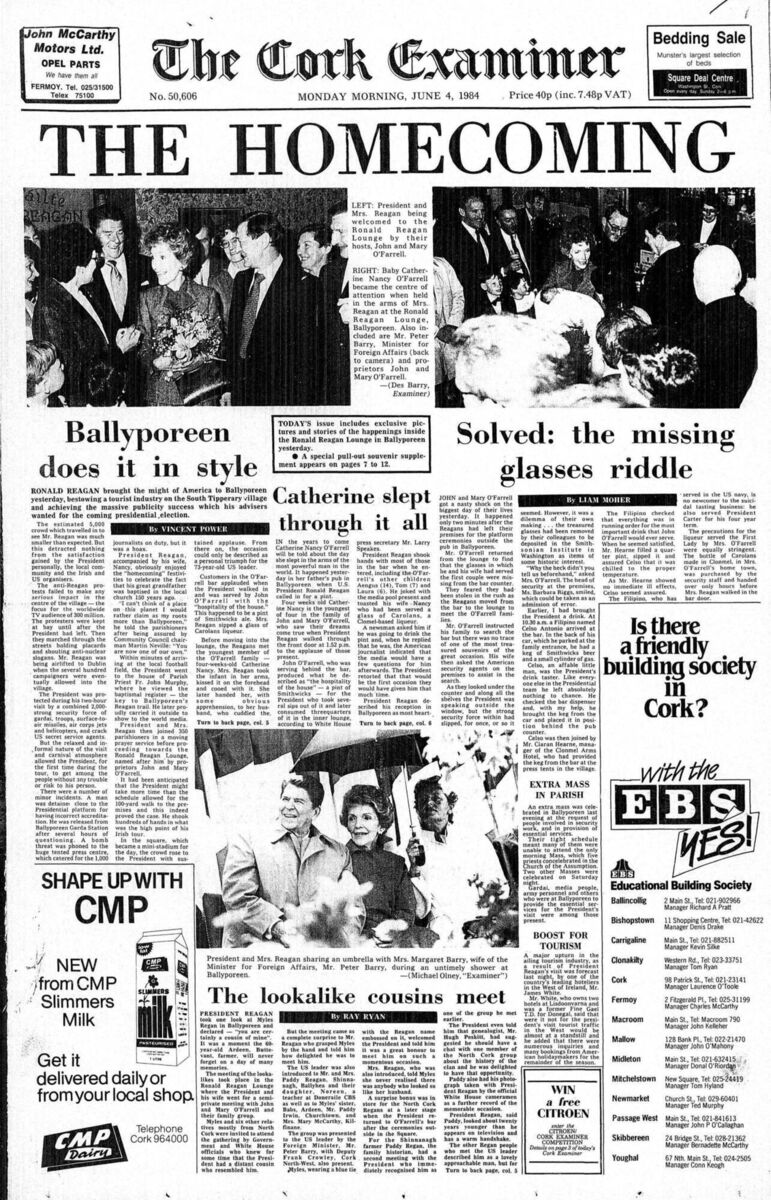 How the 'Cork Examiner' covered Ronald Reagan's visit to Ballyporeen Co Tipperary in June, 1984 — including Ray Ryan's article about the then US president meeting a lookalike. Picture: Irish Newspaper Archive