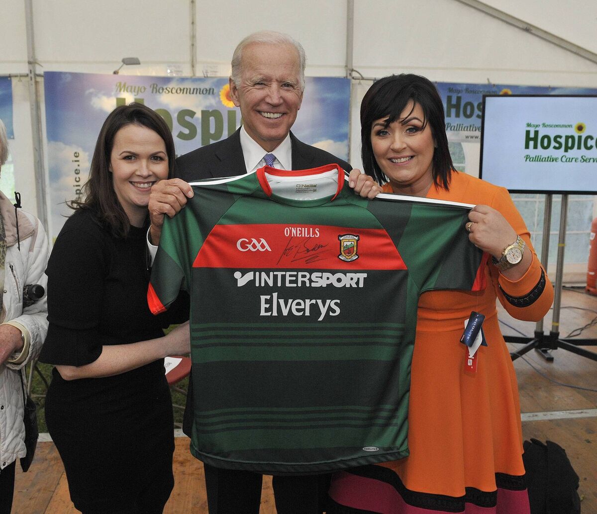 A frequent visitor to Ireland, Joe Biden arrived back in 2017 after leaving office as vice president to turn the sod on Mayo Roscommon Hospice where he received a Mayo jersey from Laurita Blewitt and Martina Jennings. File picture: Conor McKeown