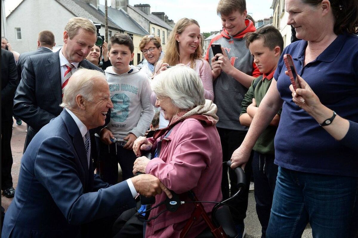 Then vice president Joe Biden greeting Mona Curry on a walkabout in Ballina in 2016. Mr Biden returned to Mayo the following year after he had left office, and local people now look forward to welcoming him back as US president.  