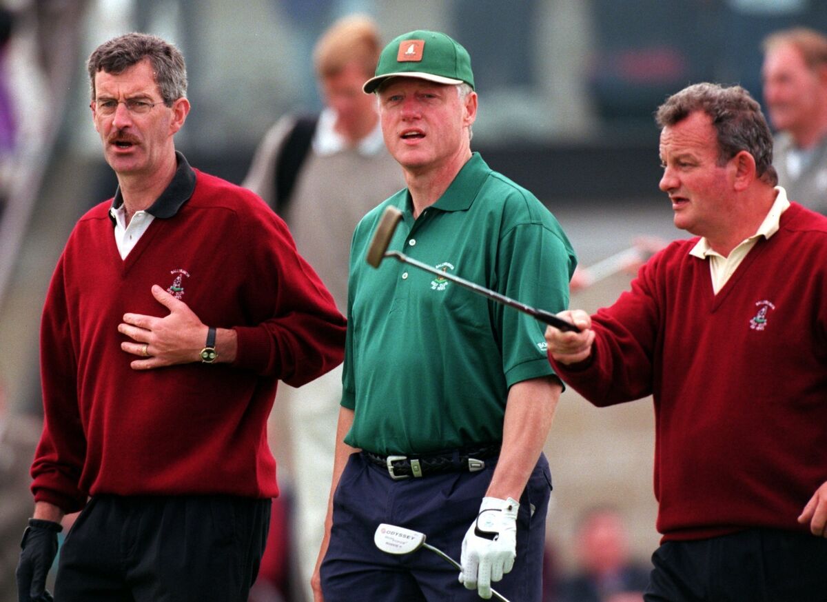 Then US president Bill Clinton walking out on the first tee at Ballybunion Co Kerry with former Labour Party leader Dick Spring and club captain Brian McCarthy in 1998. File picture: Dan Linehan