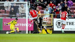 <p>ON TARGET: Jake Mulraney of St Patrick's Athletic, right, shoots to score during the SSE Airtricity Men's Premier Division match against Cork City at Richmond Park. Pic: Michael P Ryan/Sportsfile</p>