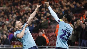 <p>CLINCHER: Burnley's Connor Roberts celebrates scoring his side's second goal of the game with team-mate Nathan Tella during the Sky Bet Championship match at the Riverside Stadium, Middlesbrough. Pic: Richard Sellers/PA Wire</p>