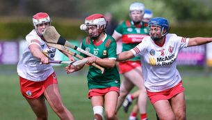 <p>TWO ON ONE: Mayo's Ciara Delaney tangles with Tyrone's Siobhan Donnelly and Bronagh Barke during the Very Camogie League Division 4 final at Tang GAA, Westmeath. Pic: John McVitty/INPHO</p>