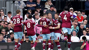 Jarrod Bowen celebrates with his West Ham team-mates after Harrison Reed’s own goal (Gareth Fuller/PA)