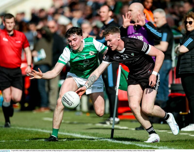 Aidan McLoughlin of London in action against Sligo's Alan Reilly of Sligo at McGovern Park in Ruislip. Pic: Matt Impey/Sportsfile Aidan McLoughlin of London in action against Sligo's Alan Reilly of Sligo at McGovern Park in Ruislip. Pic: Matt Impey/Sportsfile