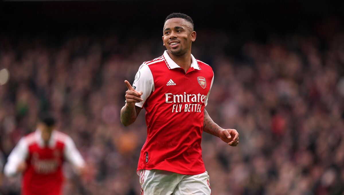 Arsenal's Gabriel Jesus celebrates scoring their side's first goal of the game against Leeds United from the penalty spot on April 1st. Pic: 