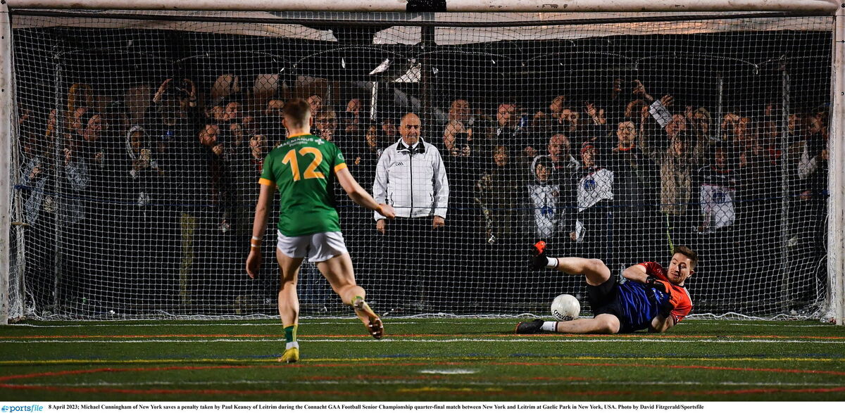 SPOT ON: New York's Michael Cunningham saves a Paul Keaney penalty at Gaelic Park. Pic: David Fitzgerald/Sportsfile